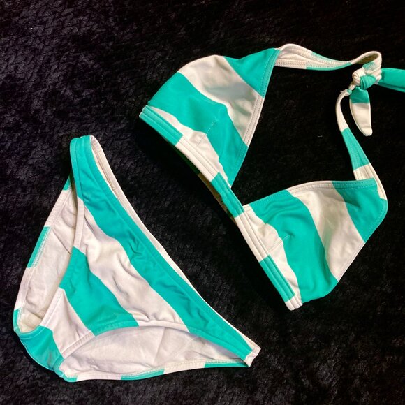 SOLD Vtg 90s Y2K 2pc Halter Bikini Set Blue Green Teal White Stripe S/M - Picture 1 of 4